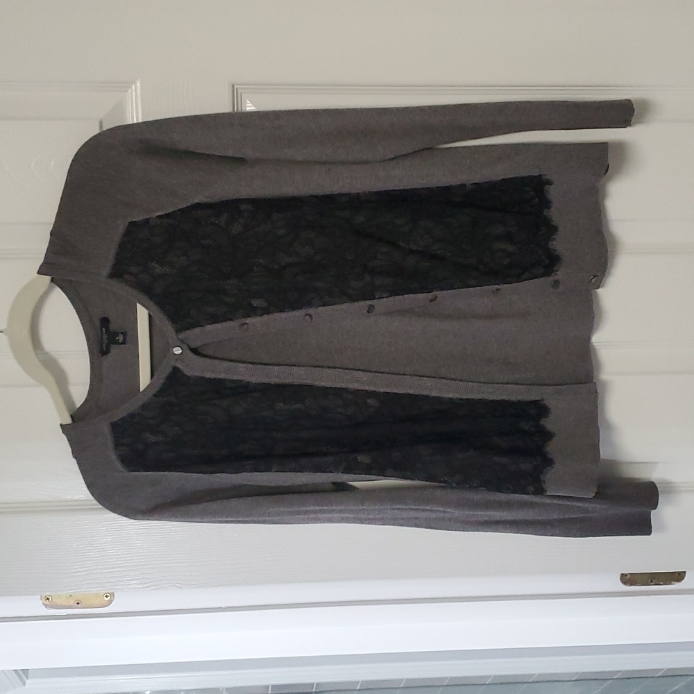 Grey Ann Taylor cardigan with black lace front
